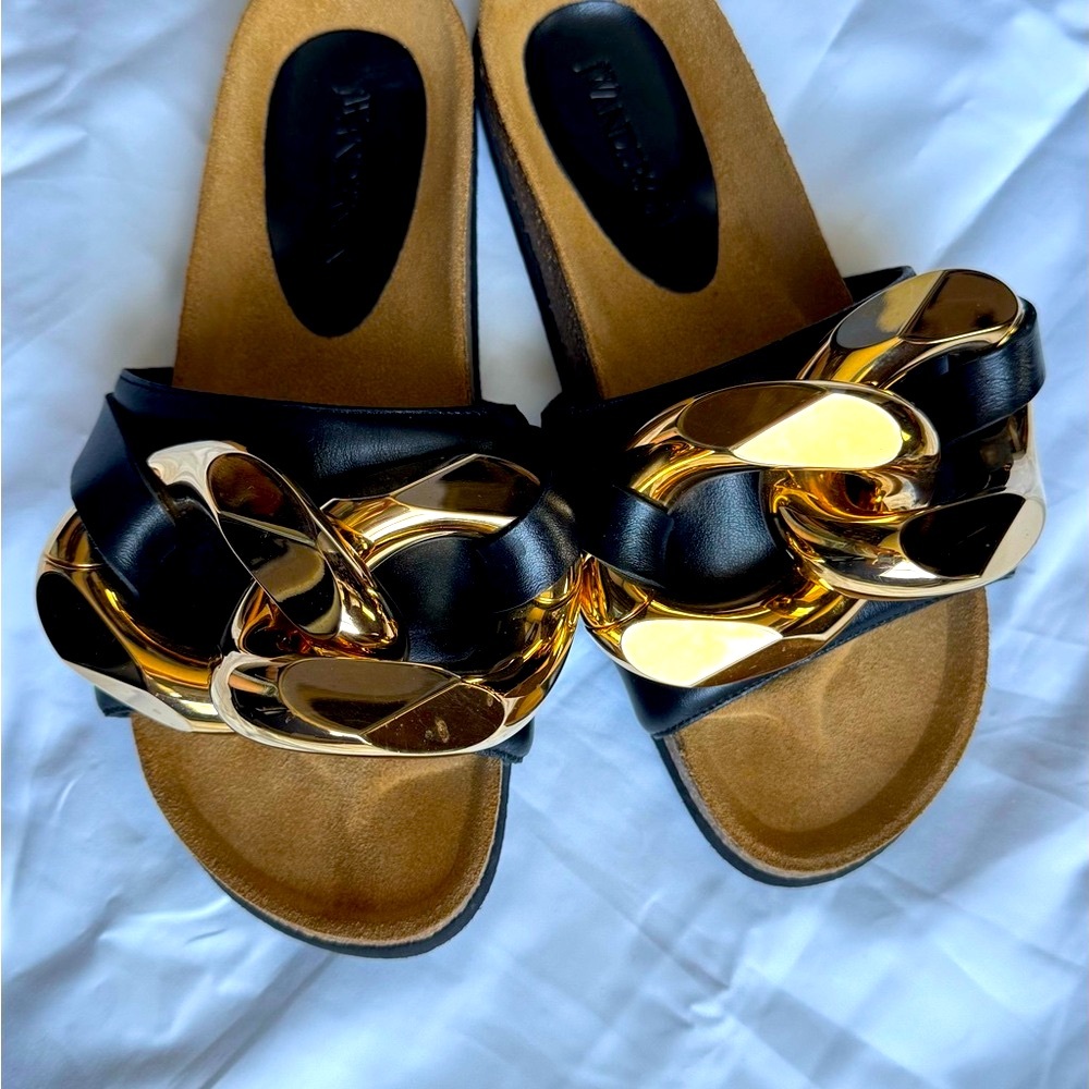 JW ANDERSON Black and Gold Chain Slide Sandals